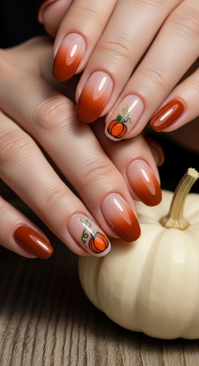 A beautiful pumpkin patch ombré manicure fading from burnt orange to nude, with a tiny pumpkin on an accent nail.