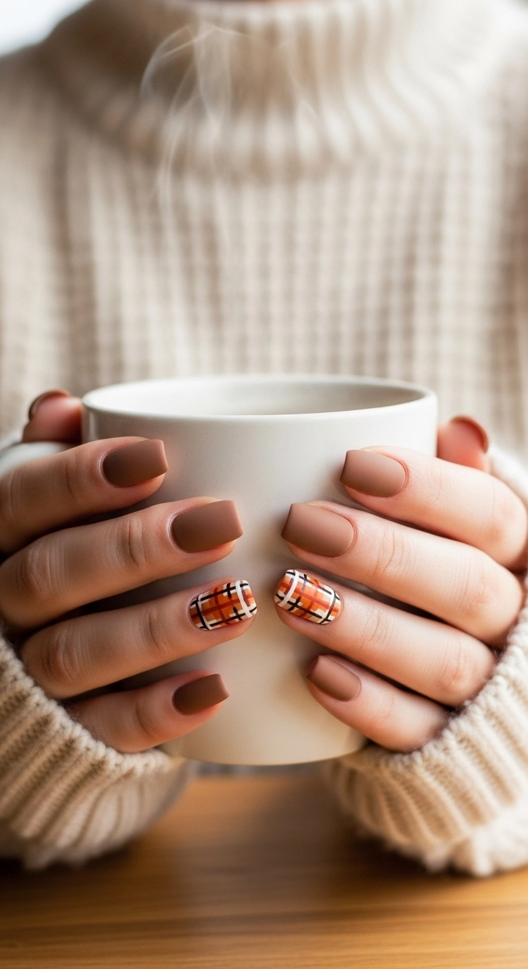 Short square nails with a cozy autumn plaid pattern in orange, brown, and cream on accent fingers.