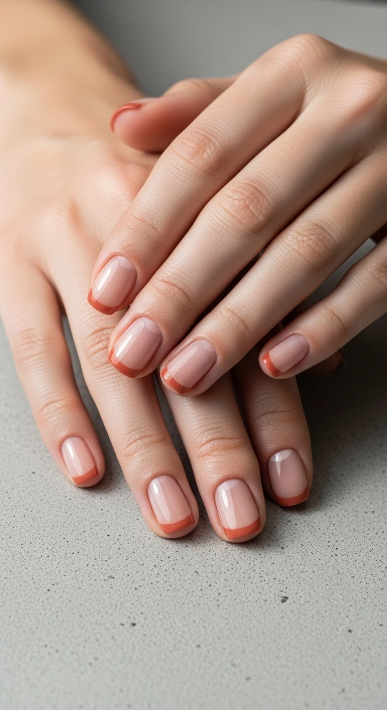 A minimalist micro French manicure with a very thin line of muted orange on the tips of short nails.
