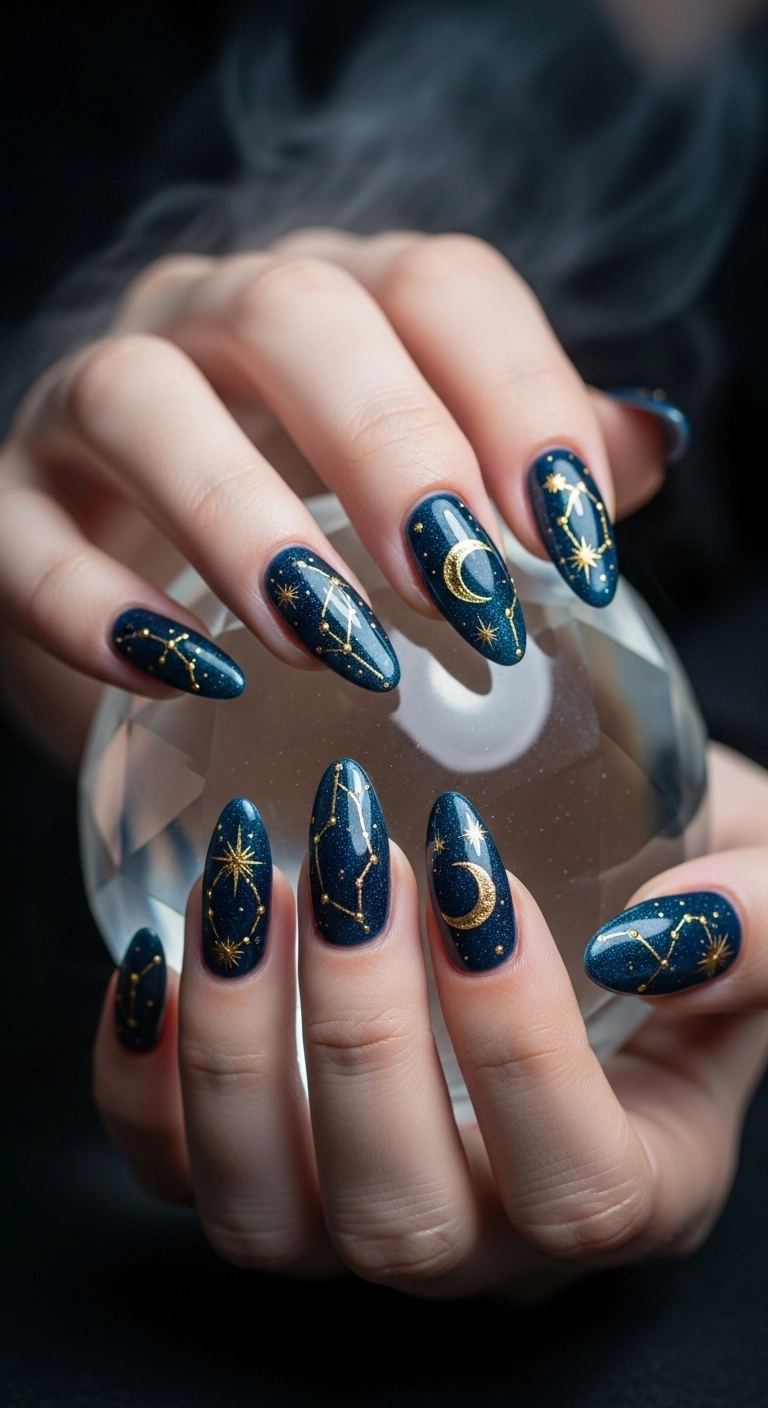 Long indigo nails decorated with delicate gold celestial symbols like moons and stars.