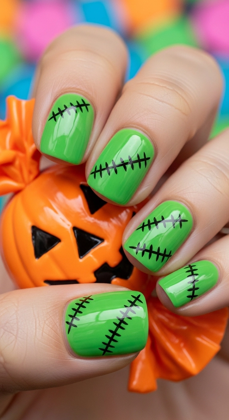 Bright lime green nails with quirky, hand-painted black stitches, reminiscent of Frankenstein.