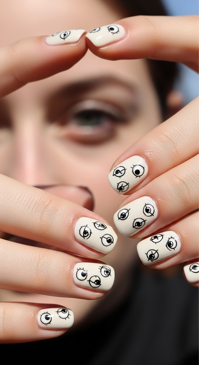 Short off-white nails covered in small, cartoonish spooky eyes looking in various directions.