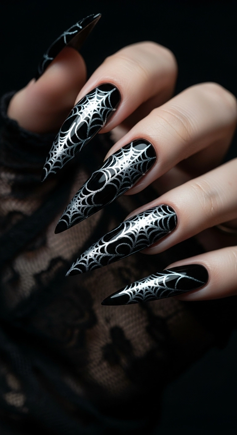 Long black stiletto nails featuring intricate and reflective silver chrome spiderwebs.