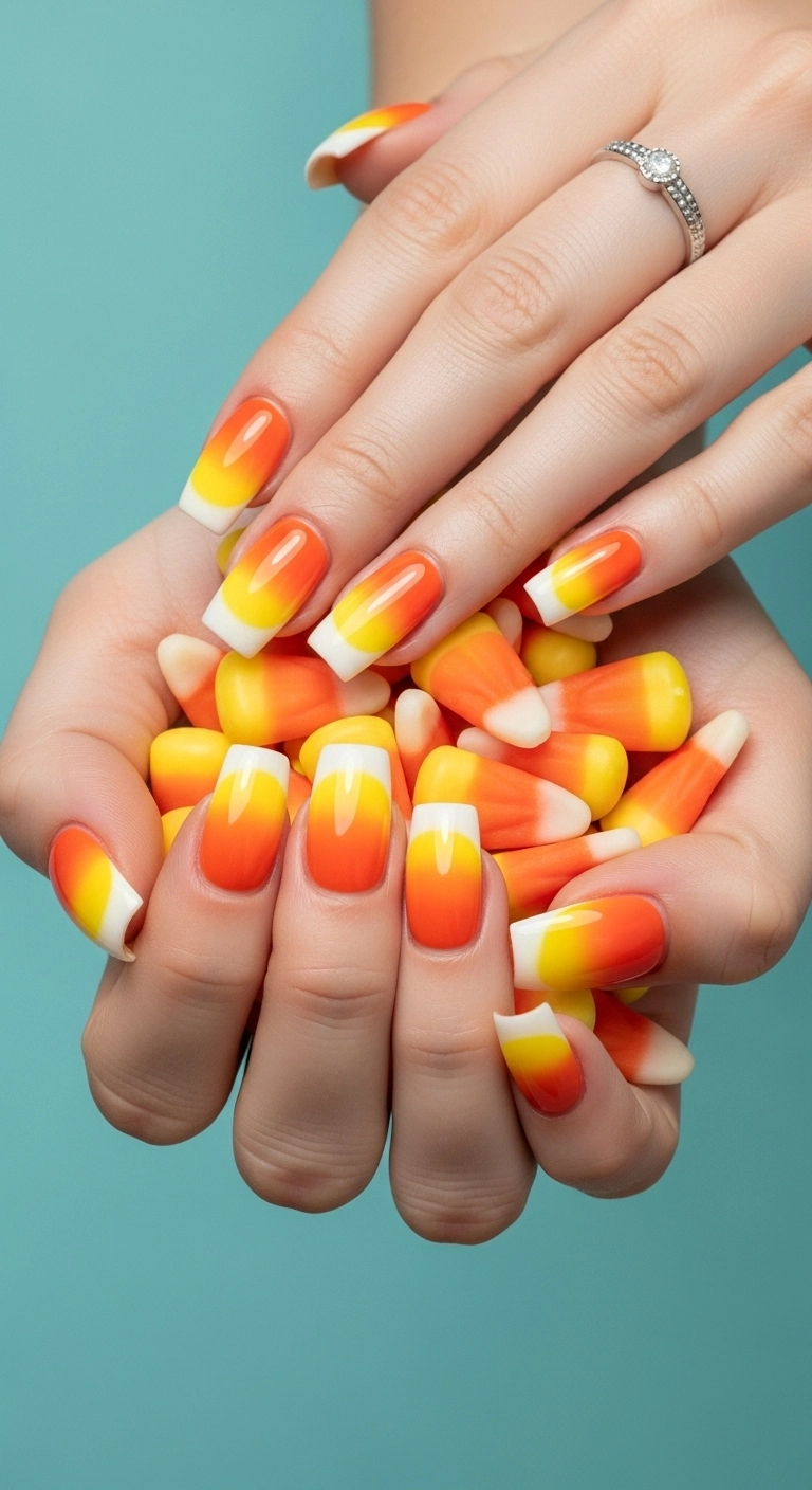 Square nails with a glossy, smooth gradient of candy corn colors—yellow, orange, and white.