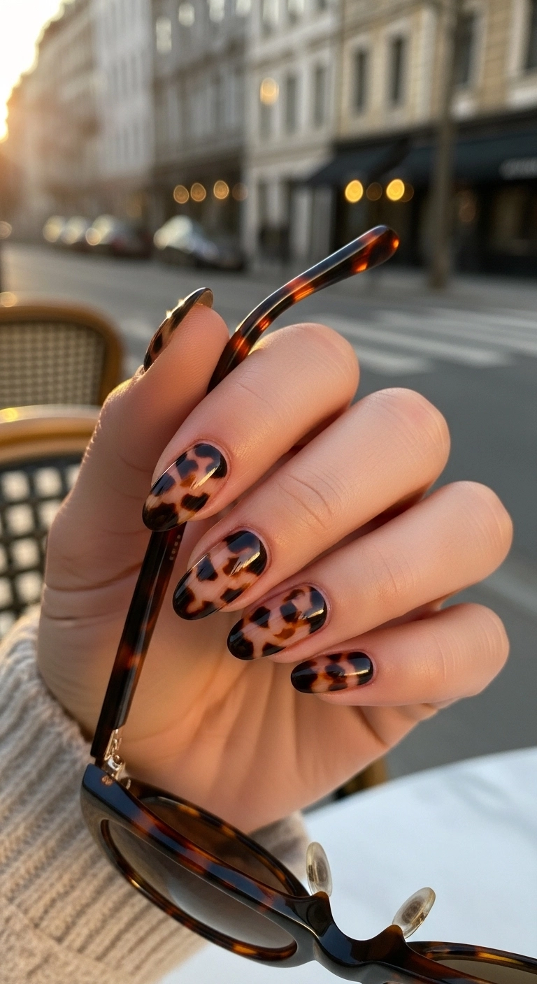 Classic and elegant tortoiseshell pattern on medium-length oval nails.