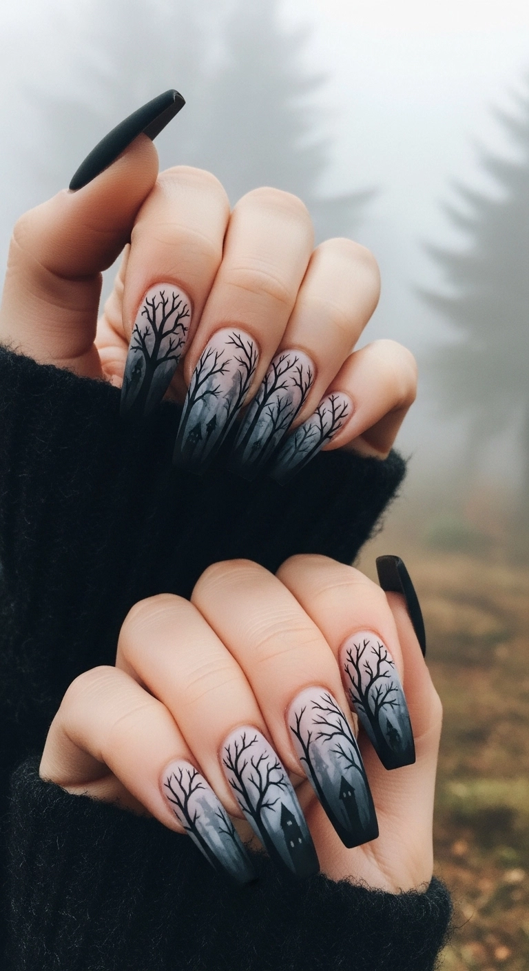 A moody manicure depicting a haunted forest silhouette across long, misty-grey nails.