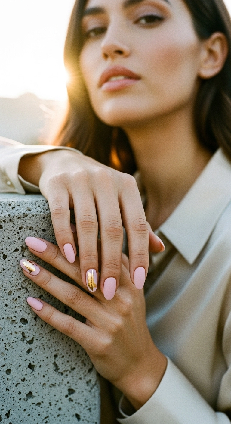 Elegant matte pink almond nails with a minimalist gold leaf accent nail.