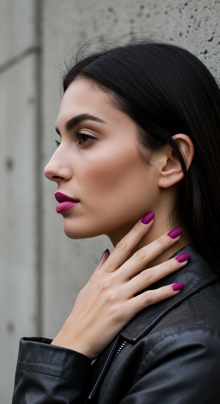 A woman with bold and chic matte magenta almond nails.