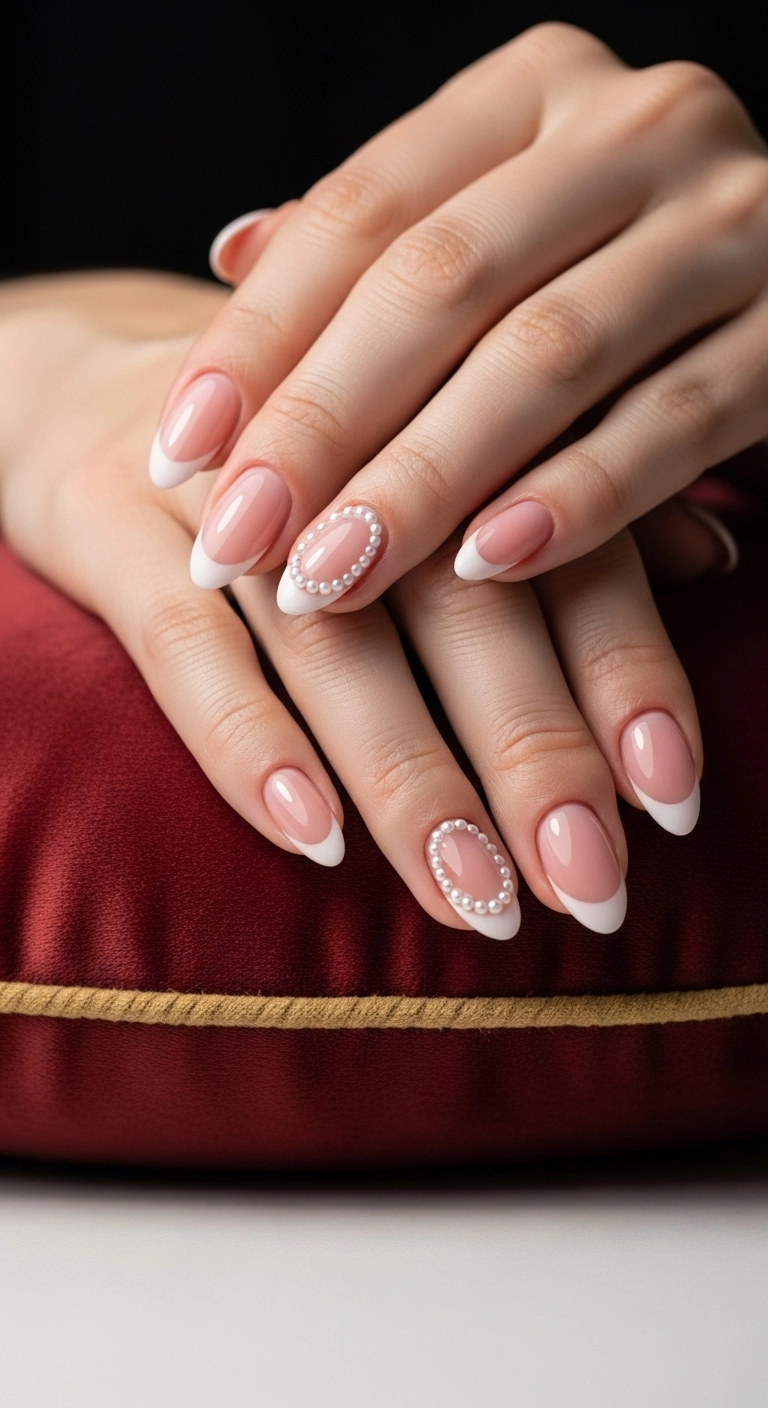 An elegant French manicure with soft pink tips on almond nails, accented with a delicate line of pearls.