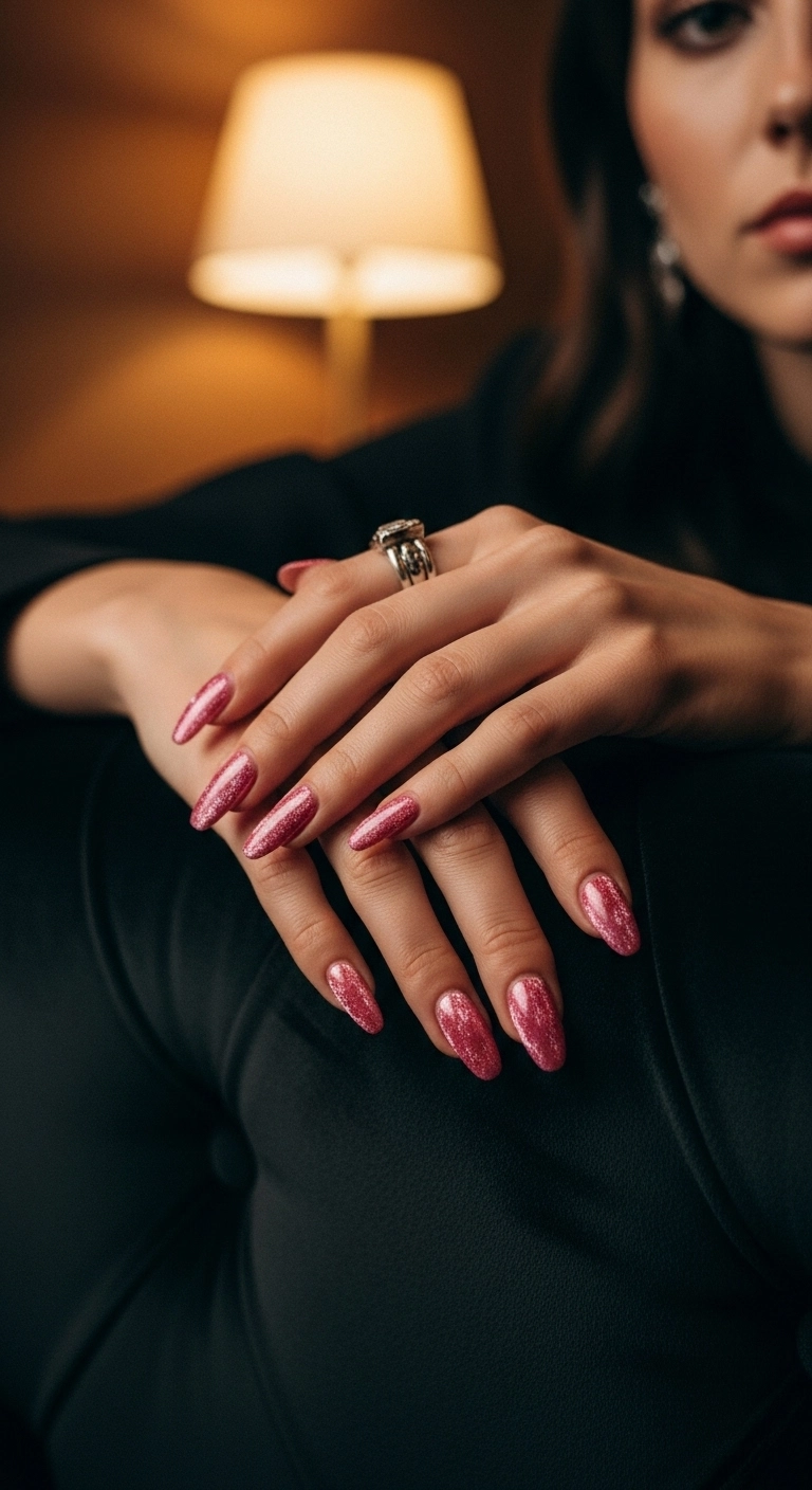 A luxurious close-up of pink velvet nails on an almond shape, showing a shimmery, textured effect.