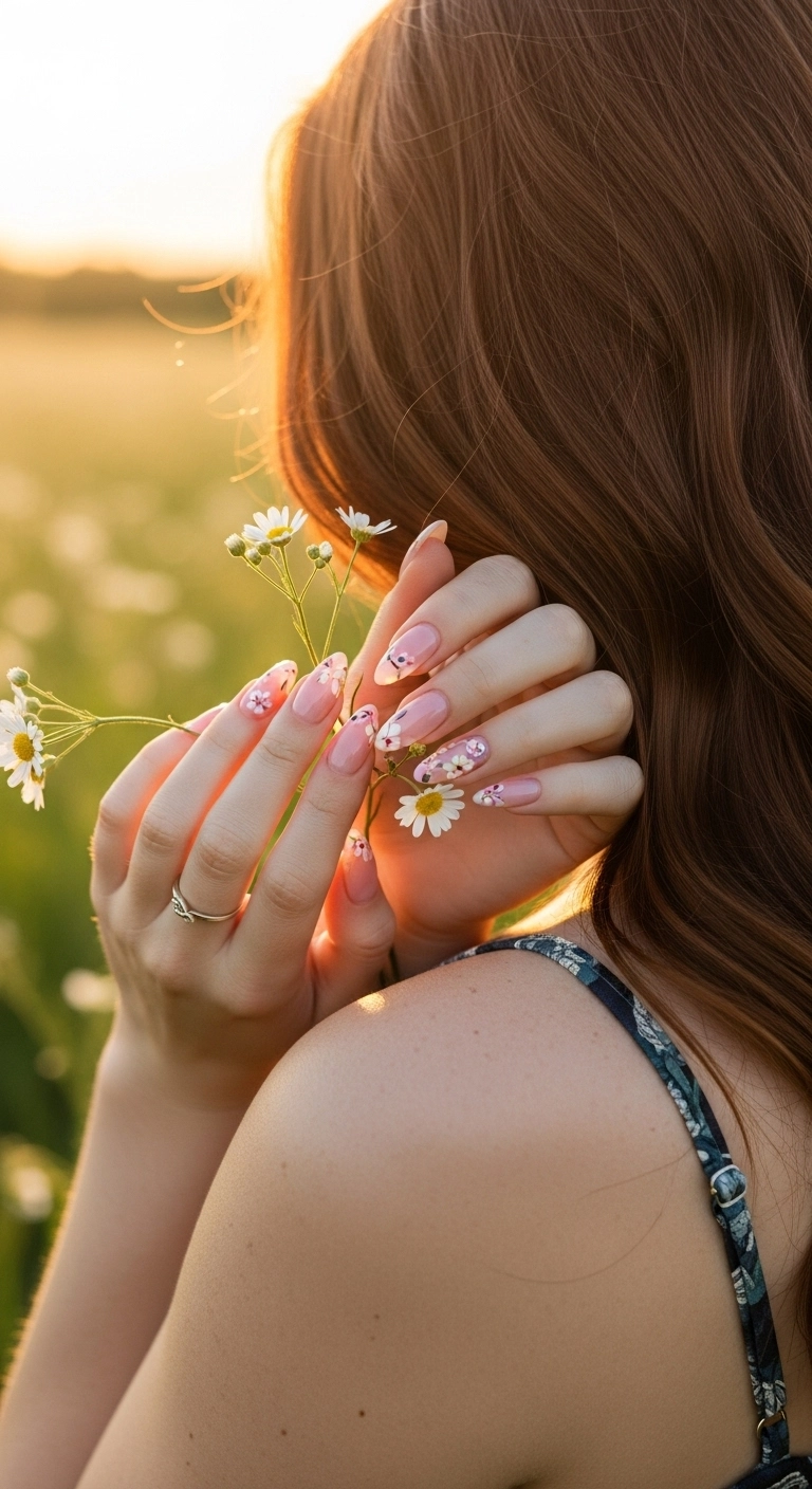 A close-up of soft pink almond nails adorned with dainty hand-painted floral details.