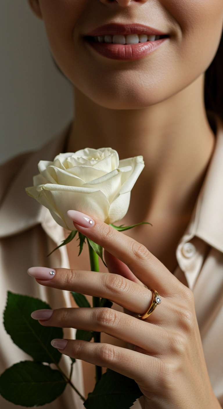 Elegant light pink almond nails, each adorned with a single tiny rhinestone at the base.