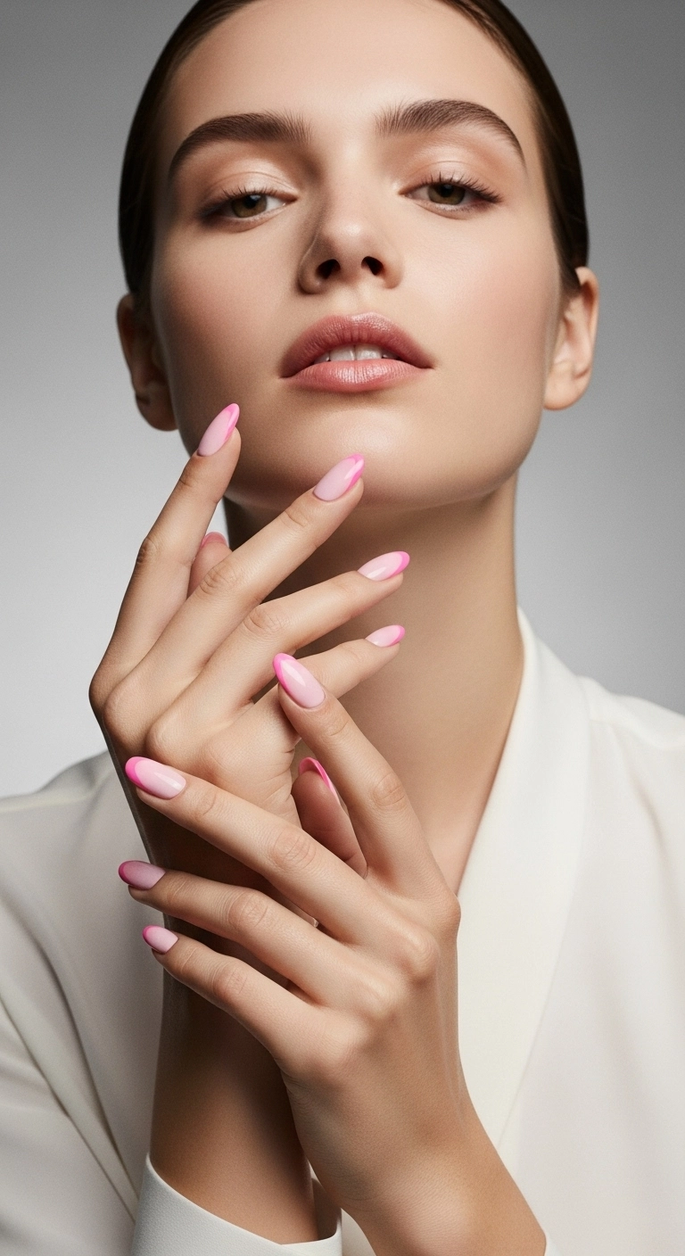 A trendy close-up of pink aura nails on an almond shape, showing a soft airbrushed effect.