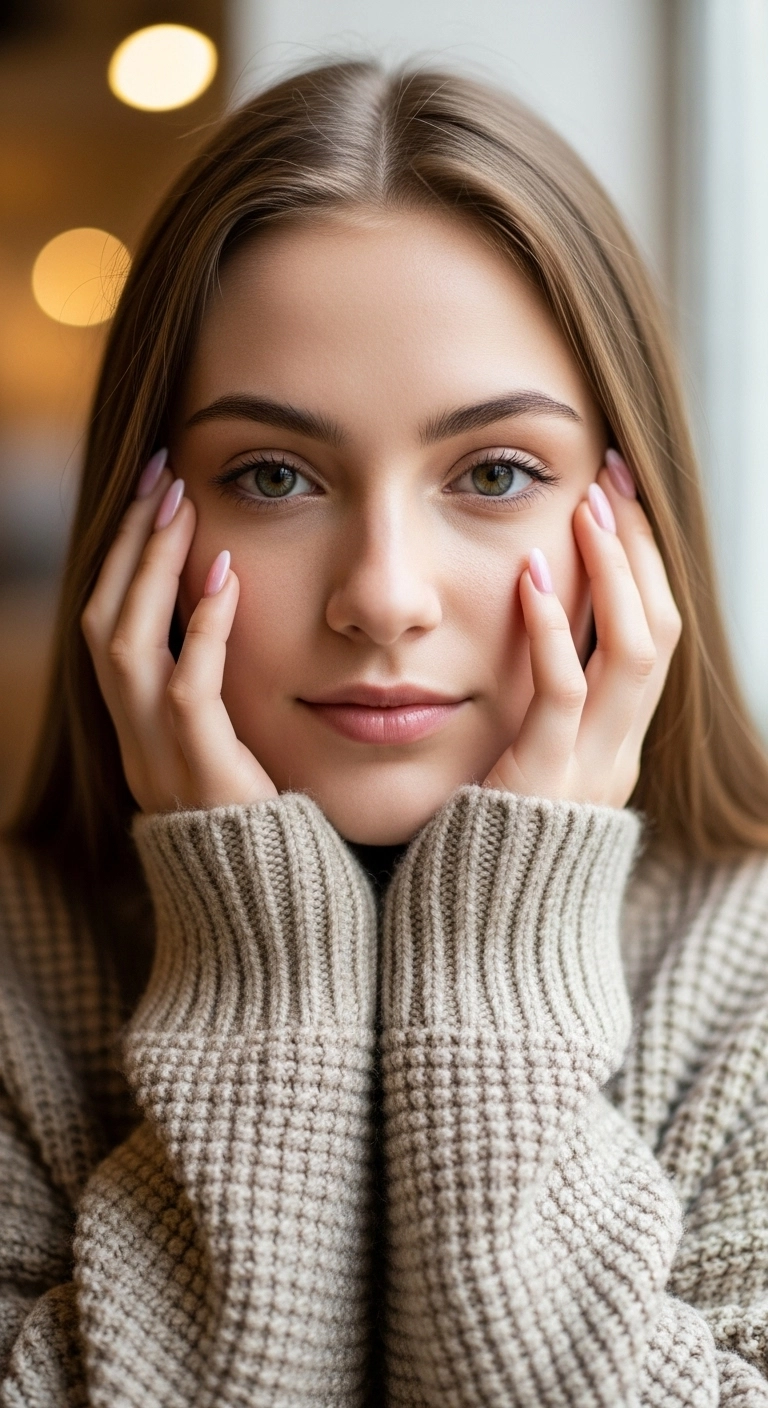 A woman with elegant pink and white ombré almond nails.
