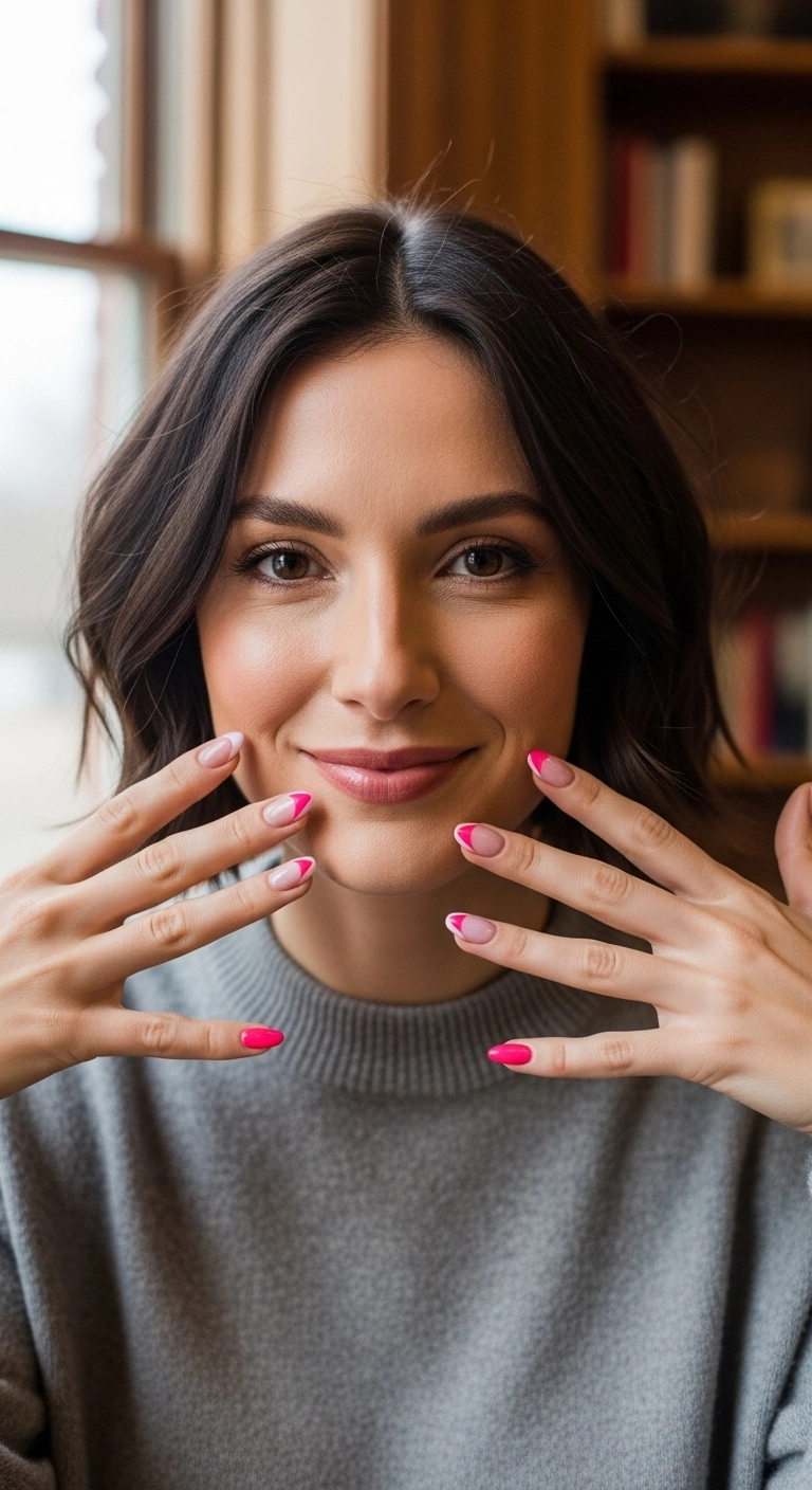A woman displaying her chic two-tone pink almond nails, split diagonally between baby pink and hot pink.