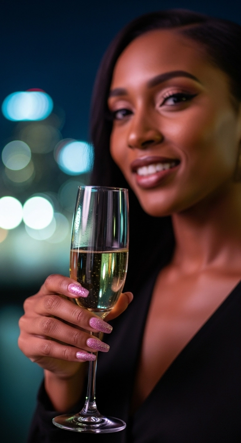 A woman at a party showing off her glamorous pink glitter fade almond nails.