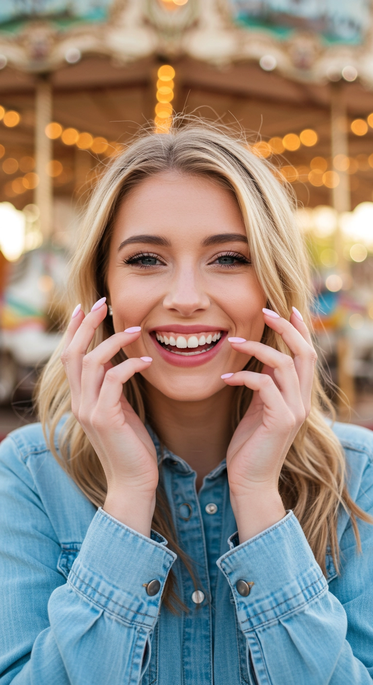 A woman with playful cotton candy ombré nails blending soft pink and baby blue on an almond shape.