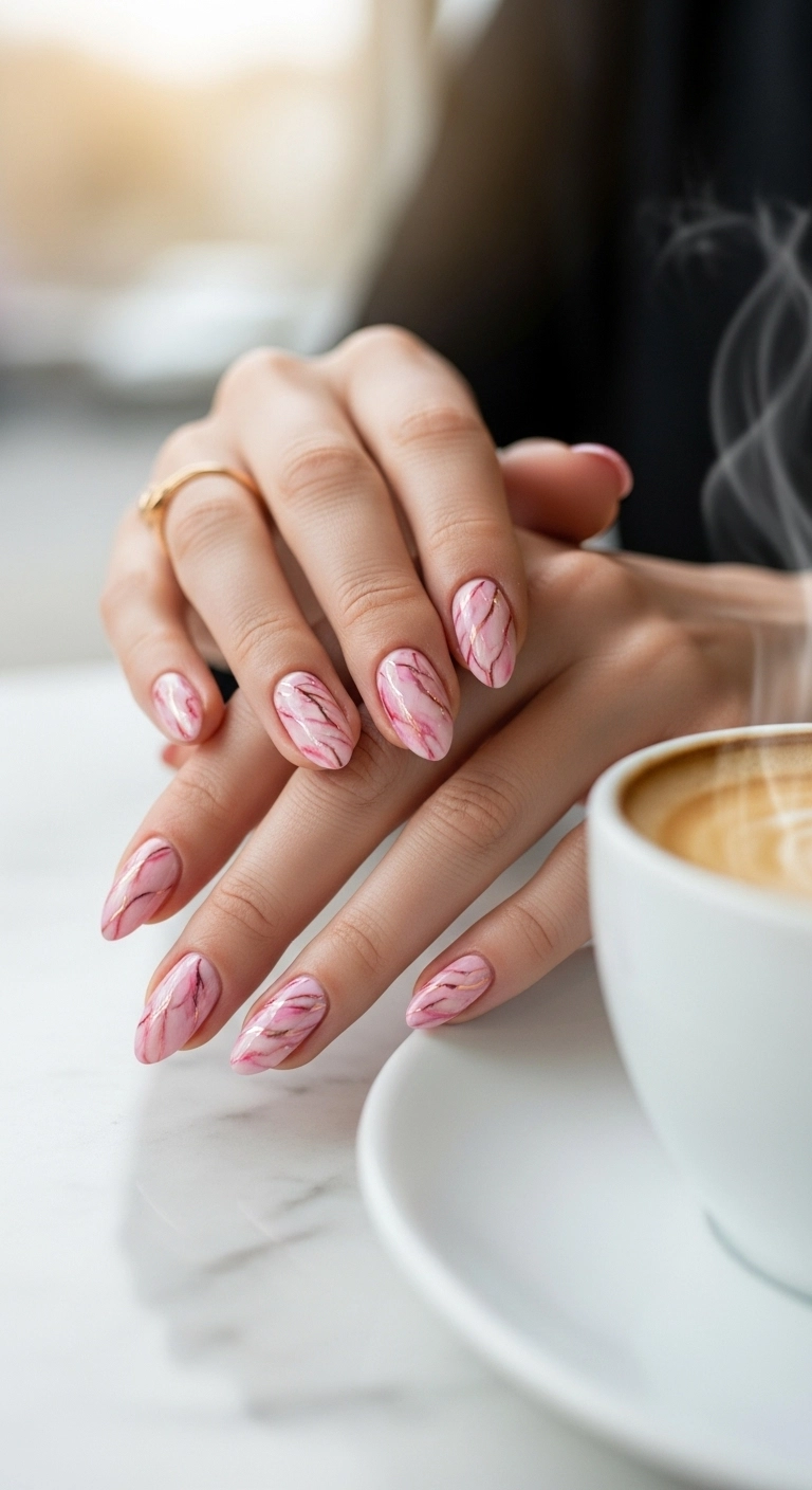 A detailed shot of pink marble almond nails featuring delicate rose gold veining.