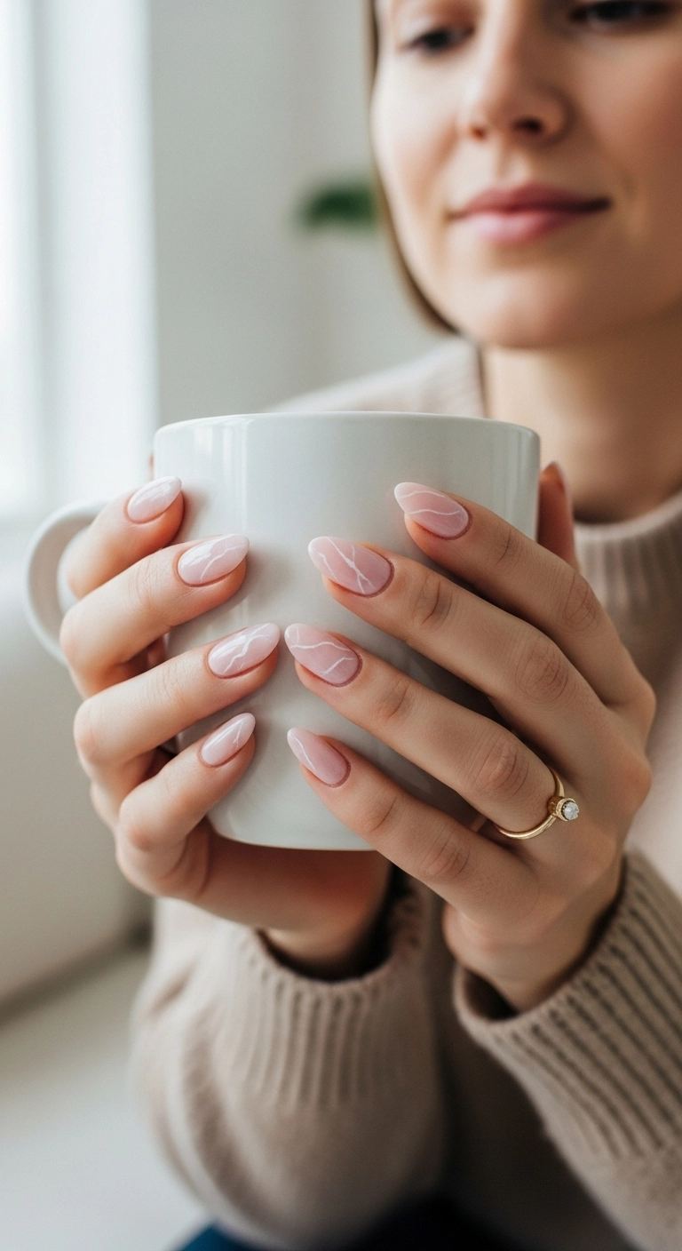 A close-up of realistic rose quartz crystal-inspired pink almond nails.