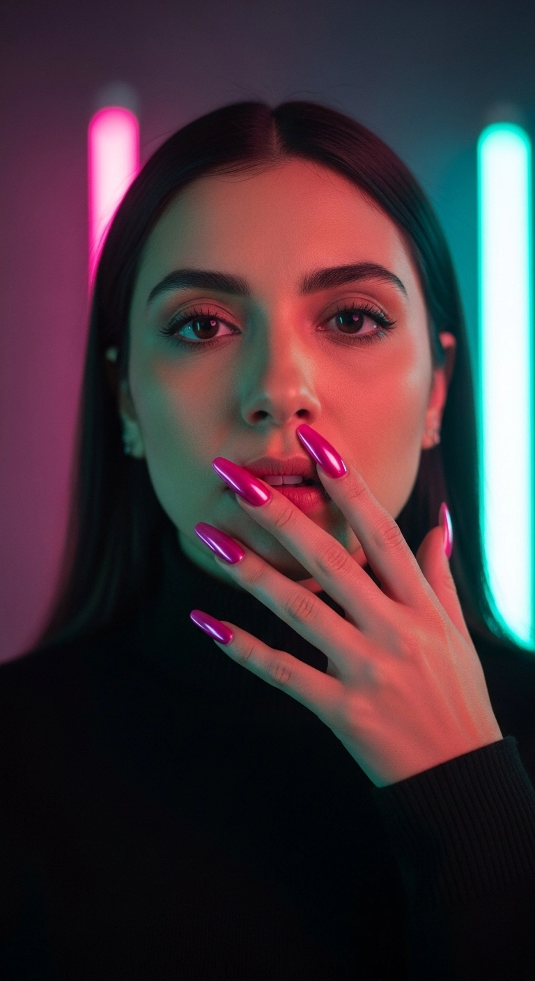 A woman showcasing her trendy, light-catching pink chrome almond nails.