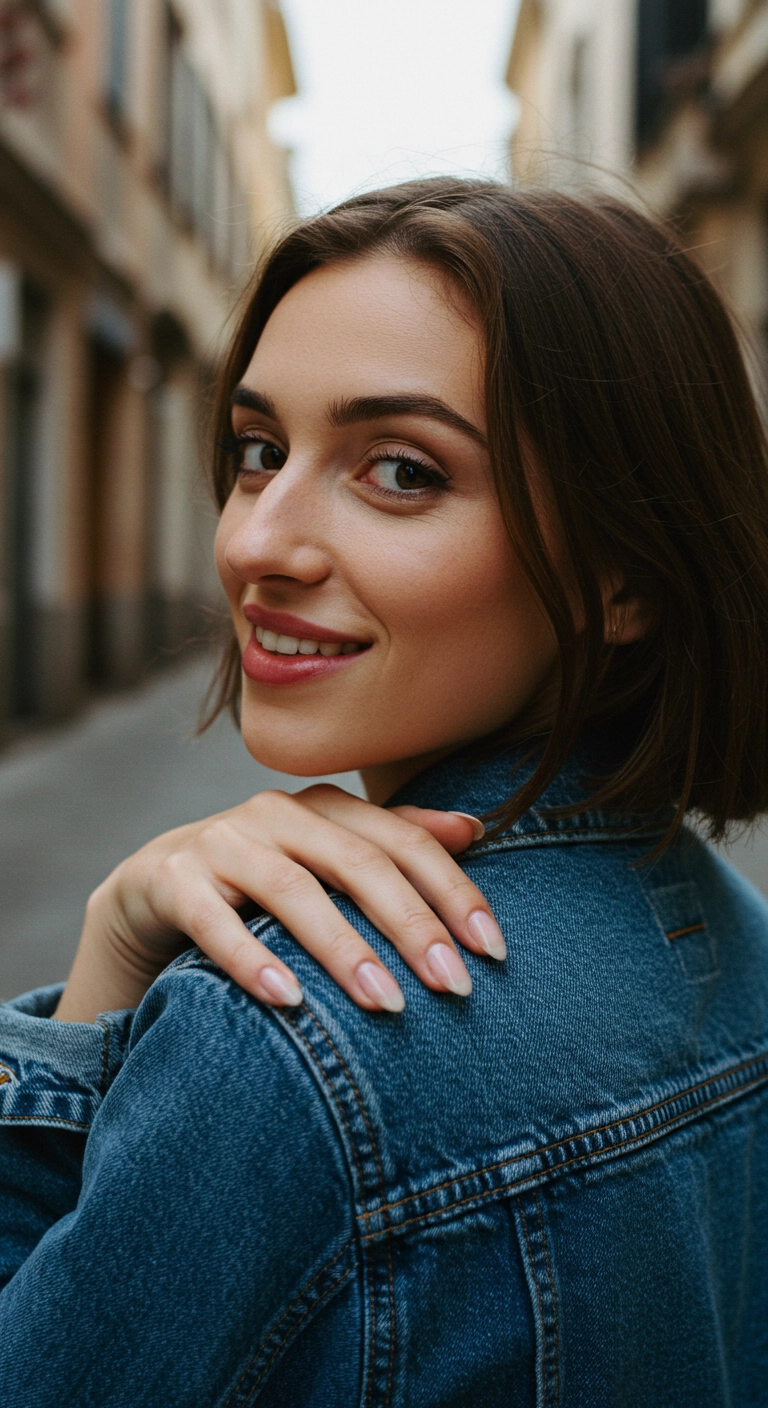 A woman showing off her trendy and glossy sheer jelly pink almond nails.