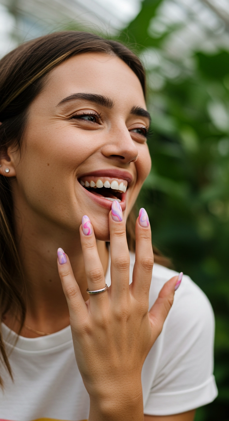 A woman's hand showing off playful, abstract pastel pink and lavender swirls on her almond nails.