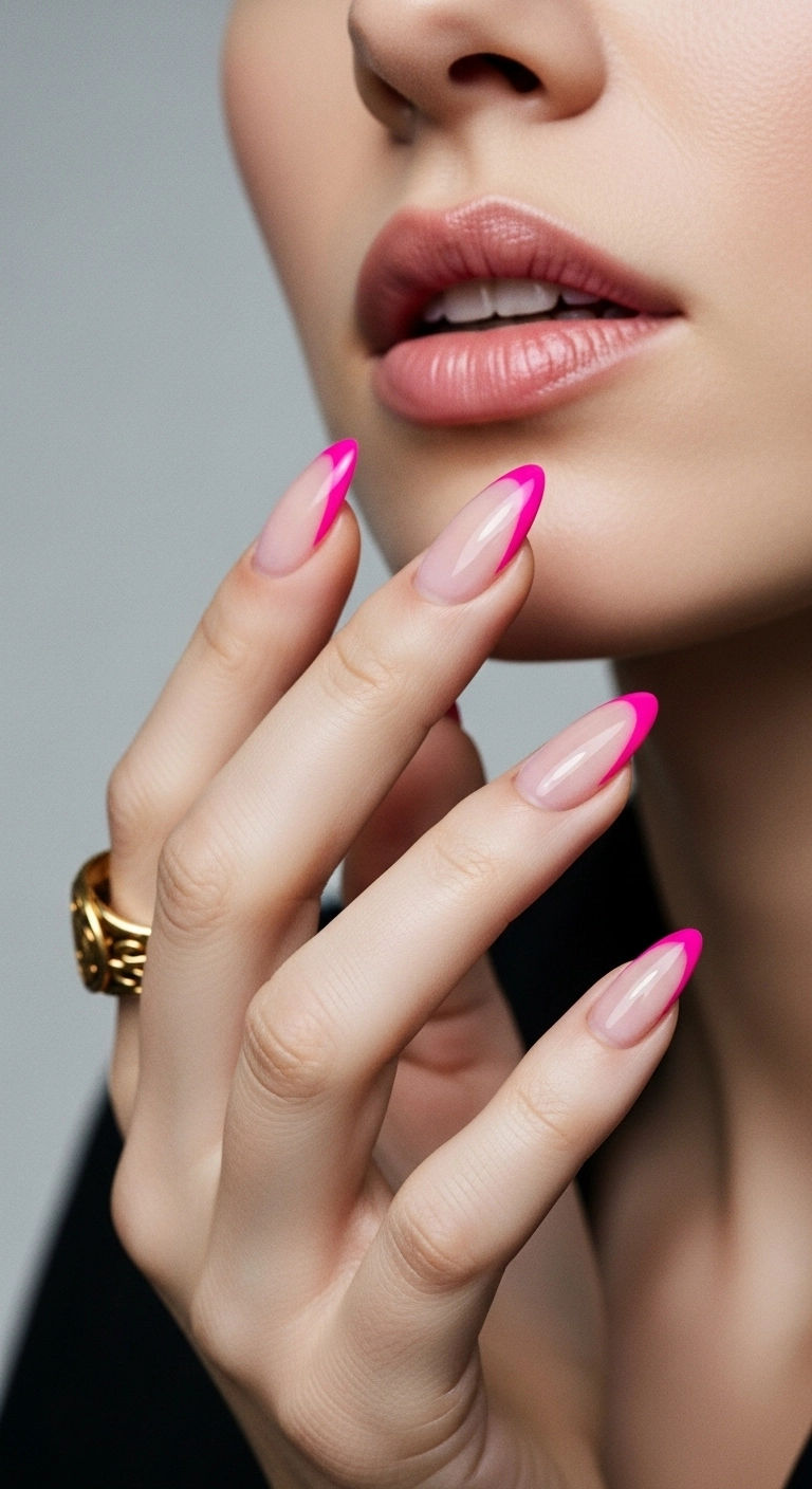 A modern, trendy French manicure with faded, airbrushed hot pink