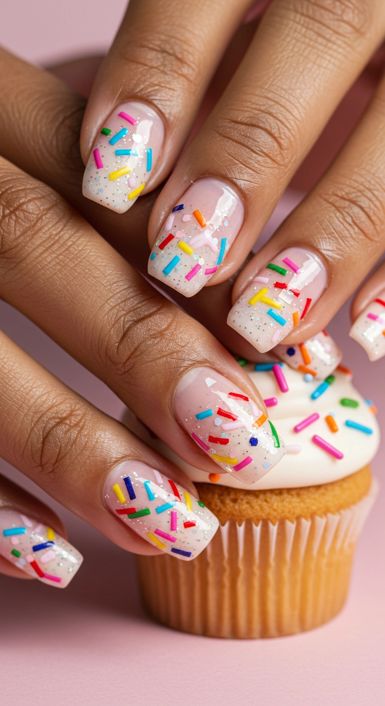Macro shot of squoval nails with a creamy pink base and colorful bar glitter resembling sprinkles.