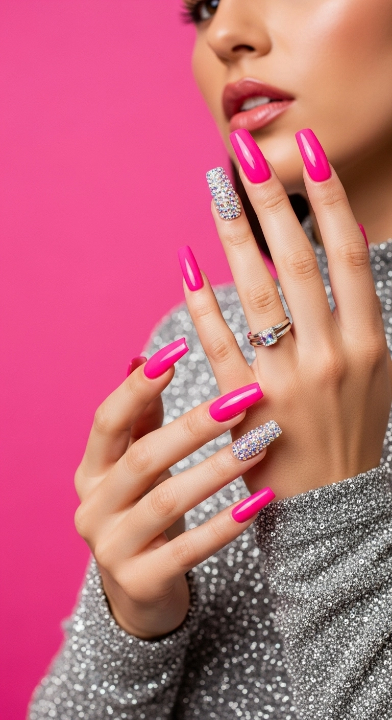 Long square nails in a vibrant Barbiecore hot pink with a crystal accent nail.