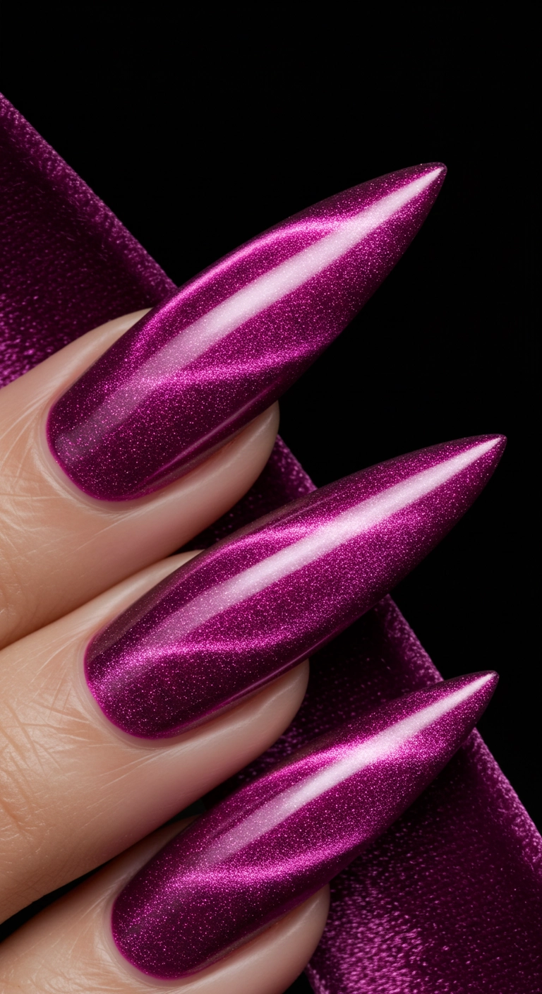 Stiletto nails with a deep magenta pink velvet effect created by magnetic polish.