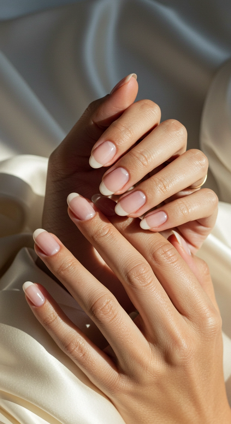 Perfectly manicured oval nails in a sheer, glossy nude-pink shade.