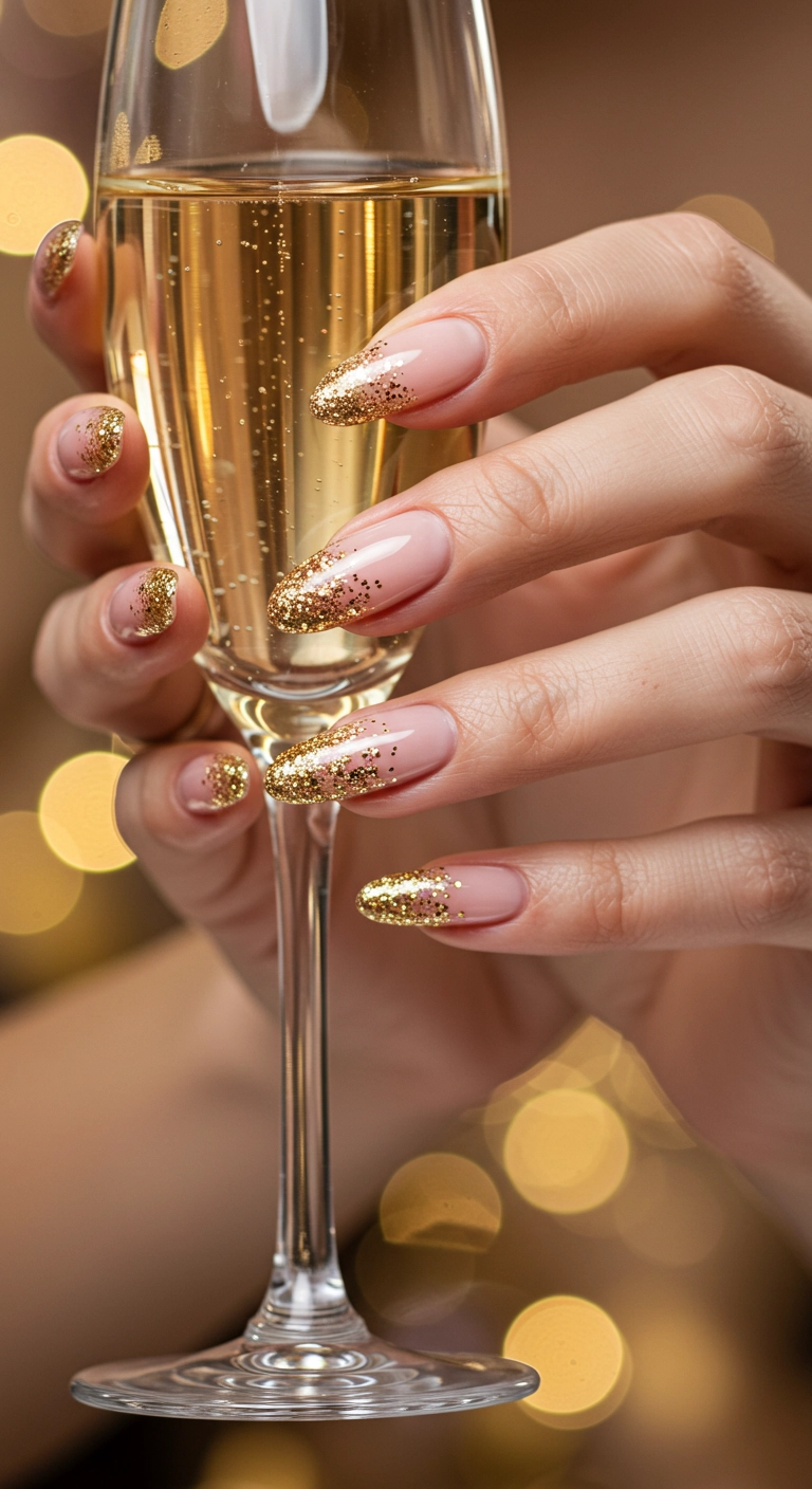 Close-up of almond-shaped nails with a baby pink to gold glitter ombré design.