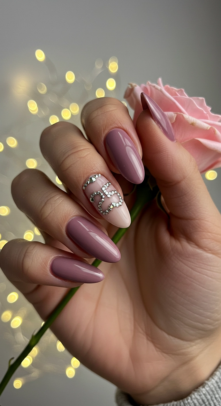 Dusty rose pink nails with an accent nail featuring the number '25' in silver rhinestones.