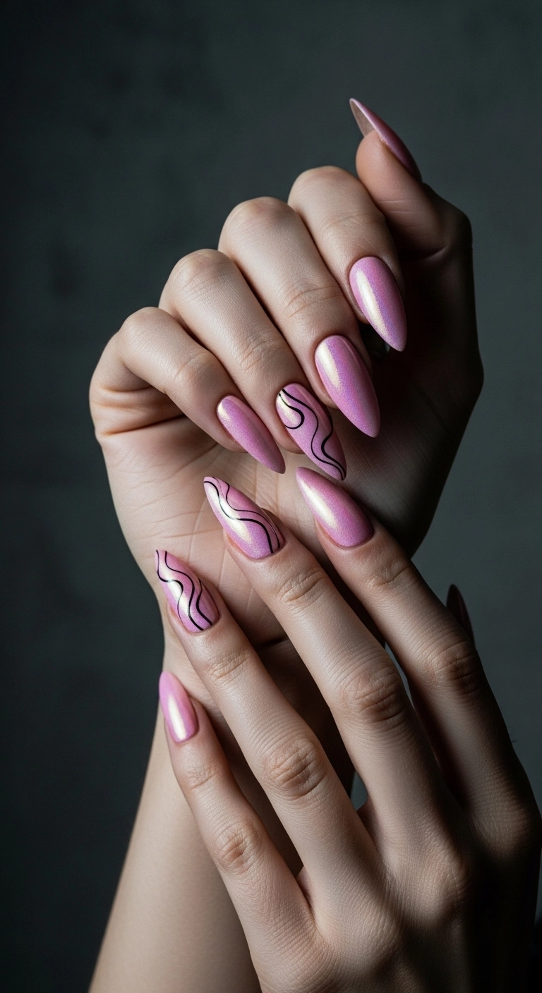 Stiletto nails with a light pink chrome finish, decorated with fine black abstract lines.