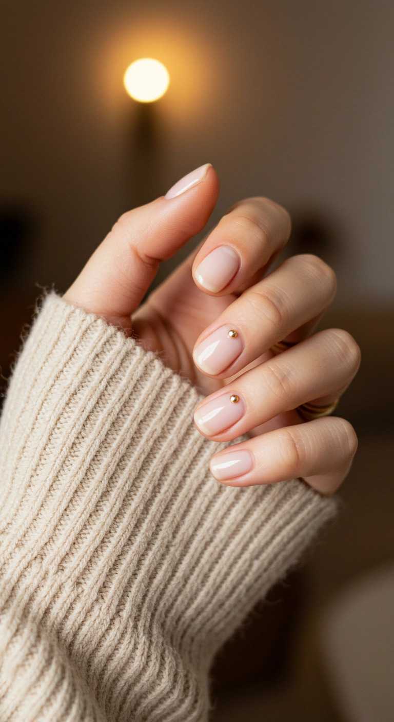 Short milky pink nails, each decorated with a single tiny pearl near the cuticle.