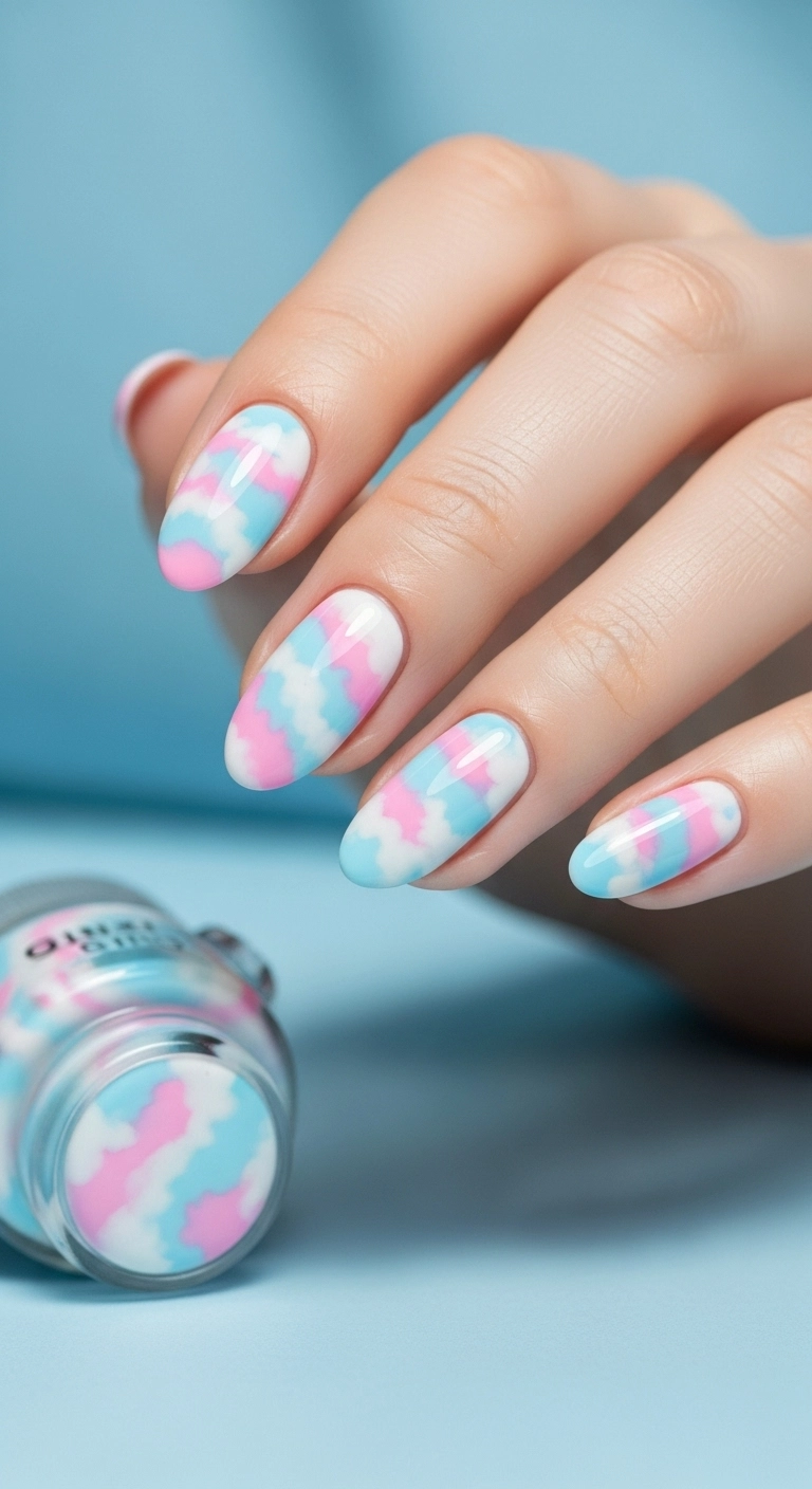 Oval nails with a dreamy marble effect using swirled pastel pink and baby blue polishes.