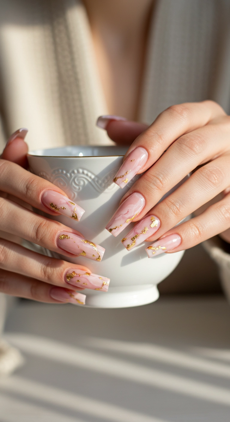 Long coffin nails with a pink and white marble design accented with gold foil flakes.