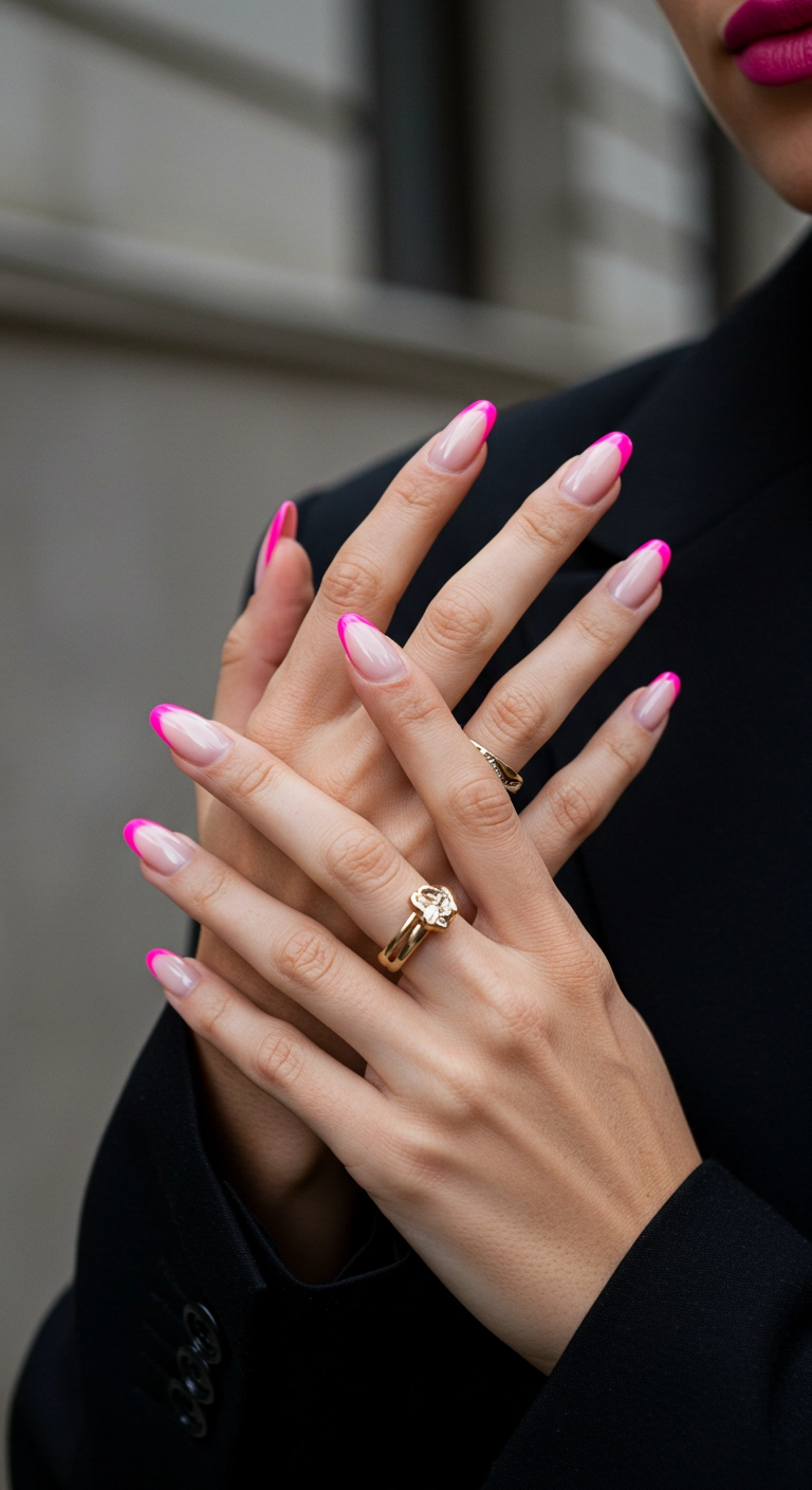 Almond-shaped nails with a sheer nude base and vibrant, hot pink French tips.