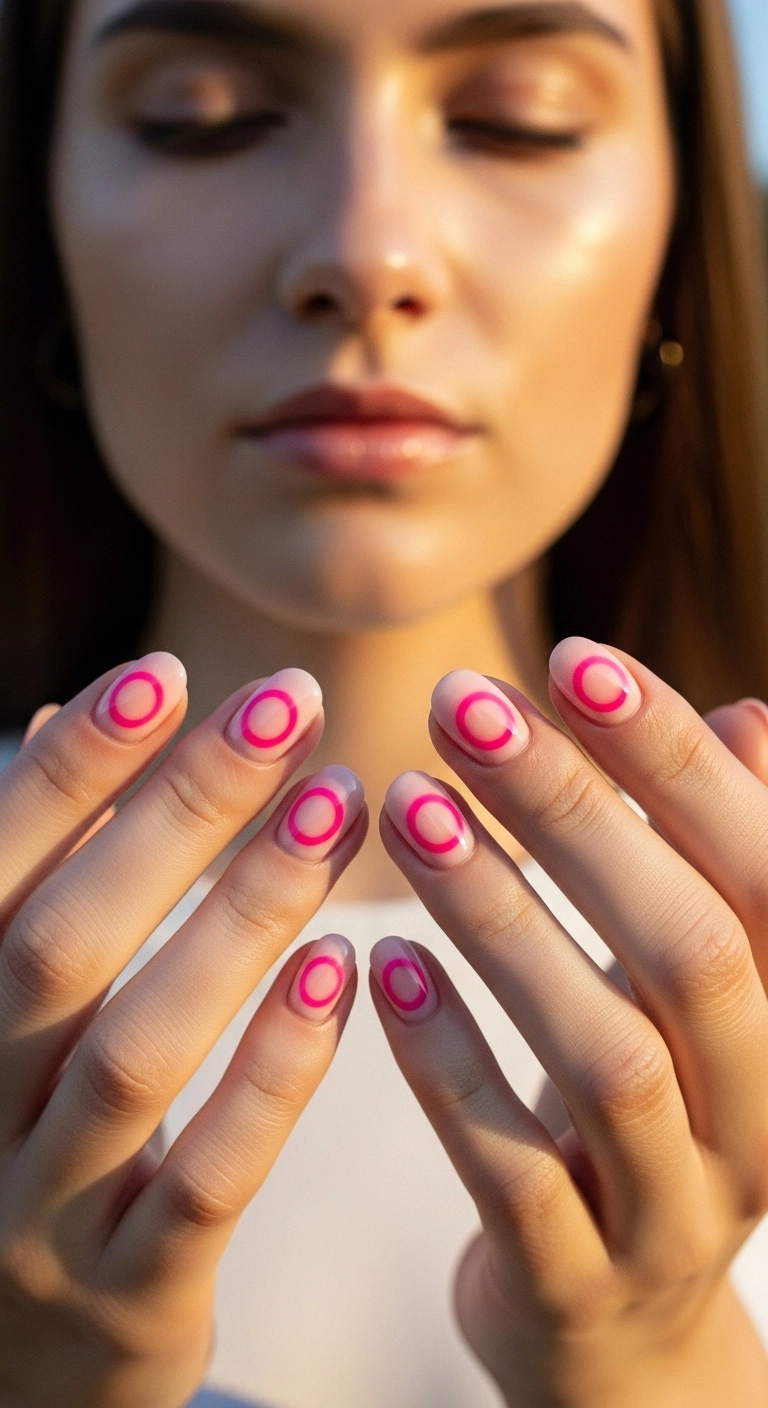Close-up of round nails with a pink aura design, featuring a hot pink center on a blush base.