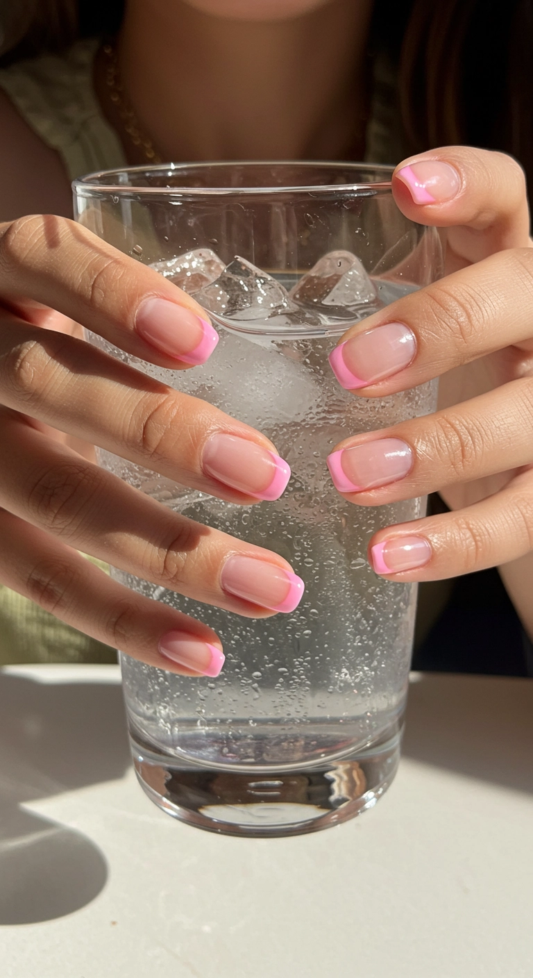 Short rounded nails with sheer, translucent jelly pink French tips.