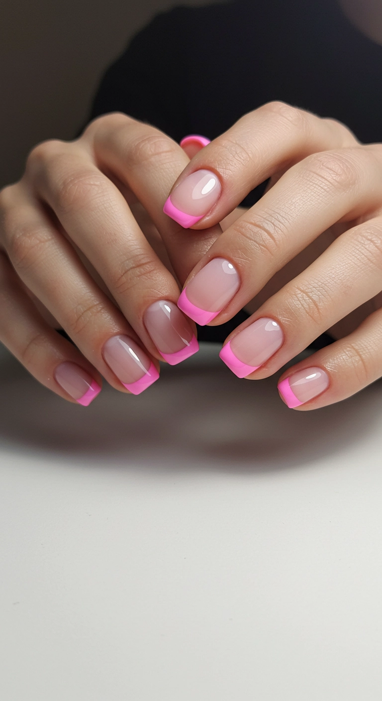 Short natural nails with a thin bubblegum pink outline French tip.