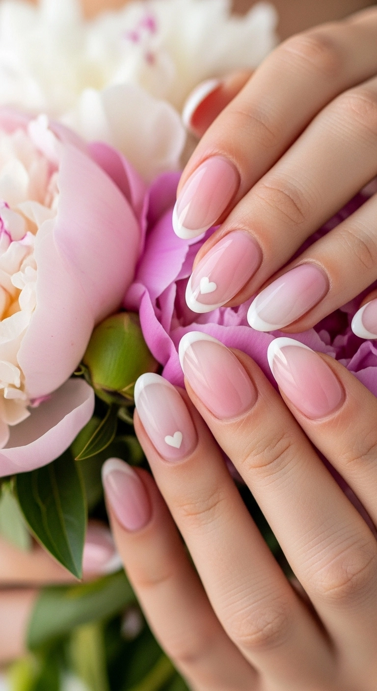 Oval nails with soft pink French tips and a tiny white heart accent.
