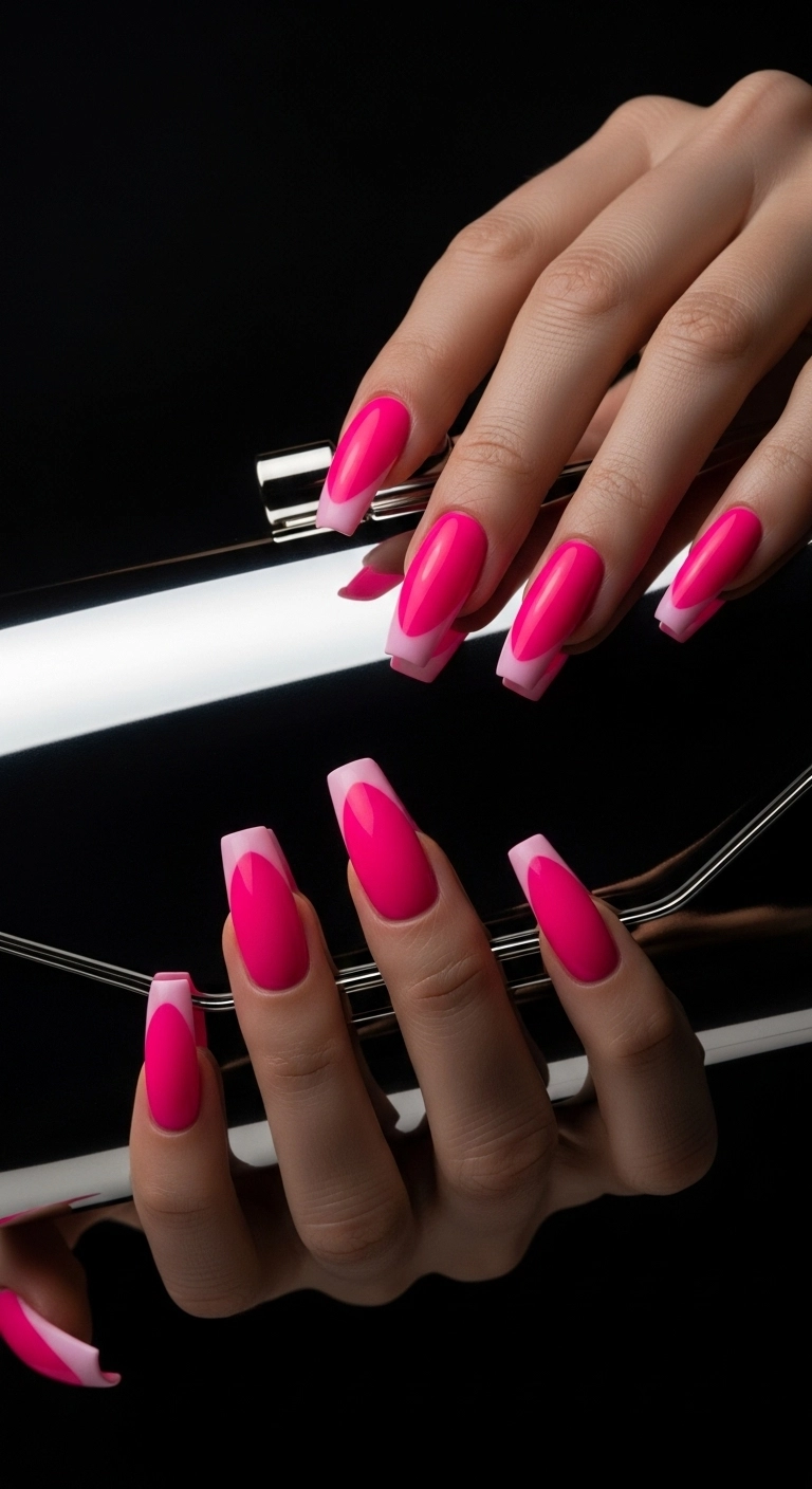 Sharp square nails with vibrant hot pink neon French tips.