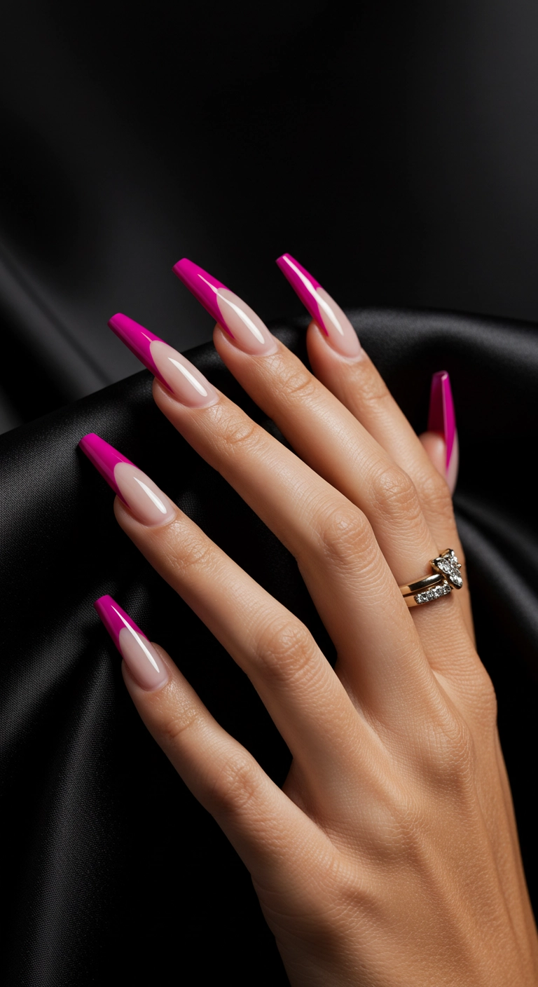 Long coffin nails with a sharp V-cut French tip in deep fuchsia.