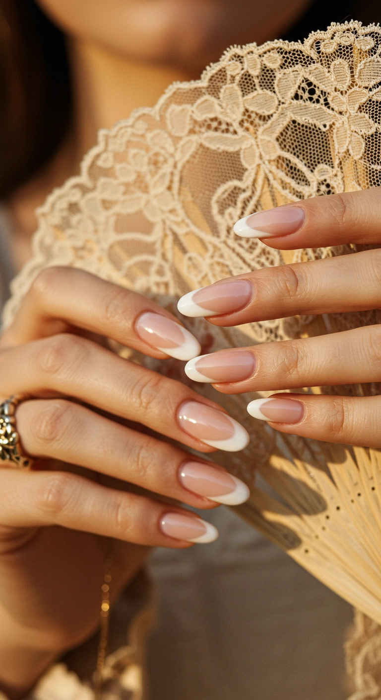 Oval nails with a soft ombré French tip in peachy-pink.
