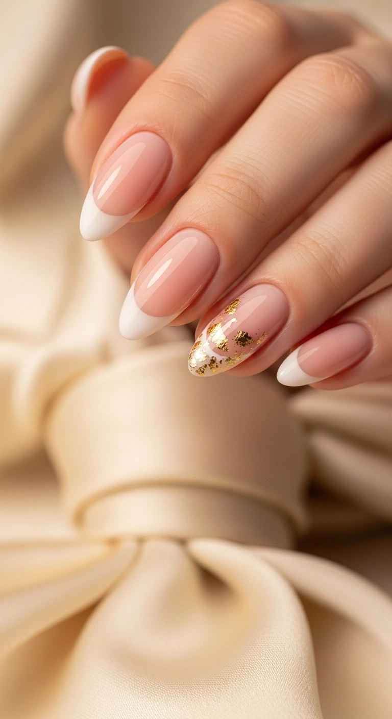Almond nails with blush pink French tips and gold flake accents.