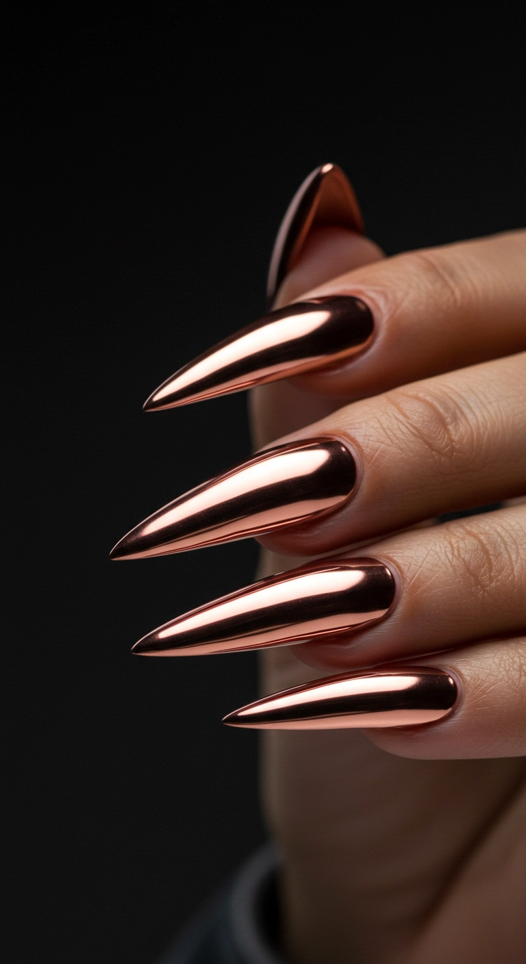Stiletto nails with highly reflective rose gold chrome French tips.