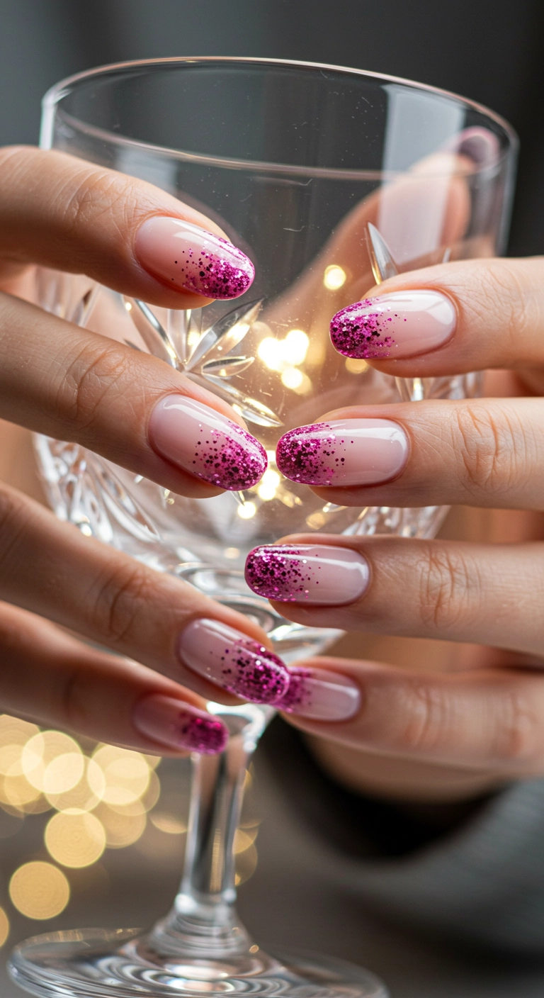 Squoval nails with a sparkling pink glitter fade French tip design.