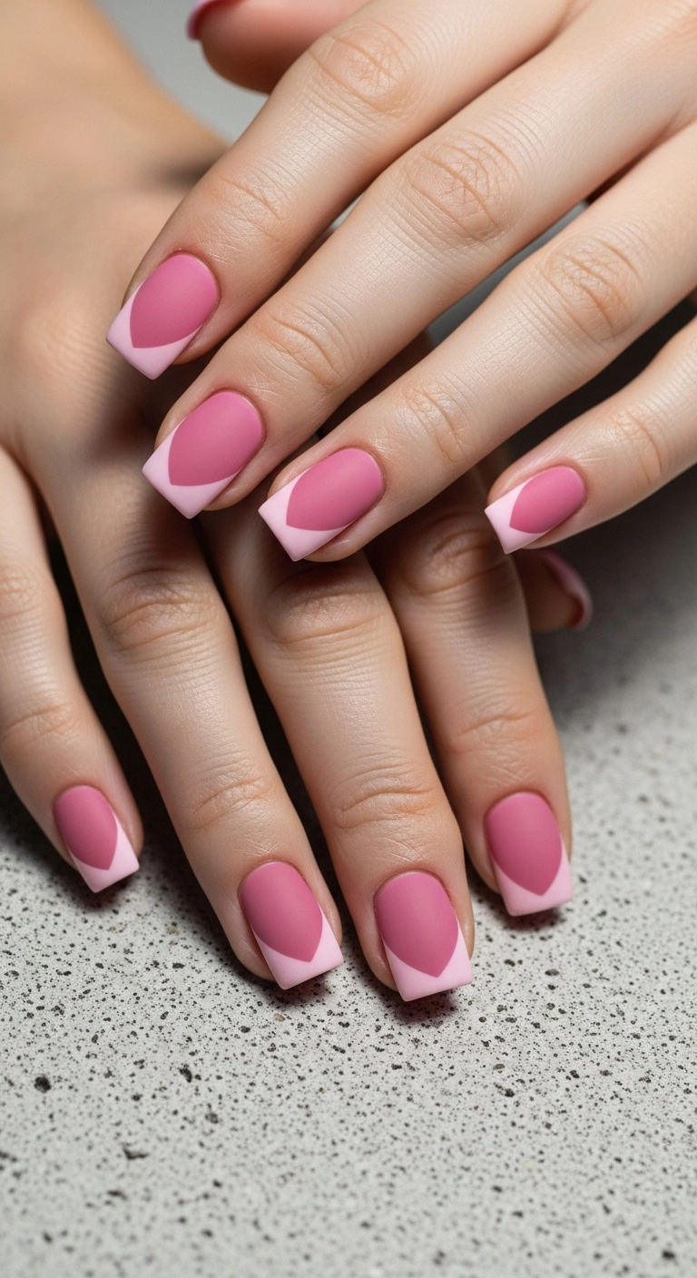 Short square nails with a modern, angled dusty rose pink French tip.