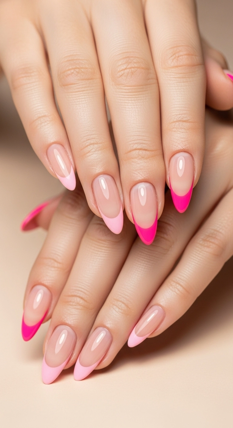Stiletto nails with a double French tip design in hot pink and baby pink.